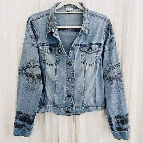 Lapis Paris Printed Soft Stretchy Button Down Denim Jacket - Size XL - Picture 1 of 10